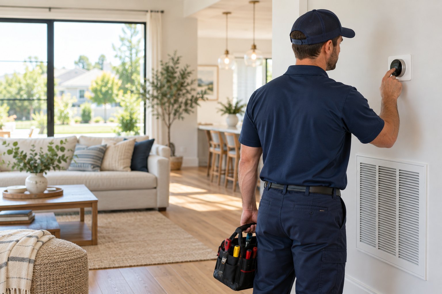 HVAC technician checking equipment in a bright home